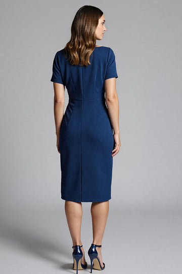 Navy Sheath Ruched Midi Work Dress